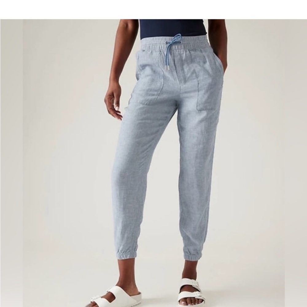 ATHLETA: Retreat Linen Denim Joggers in Chambray Blue -Size 12